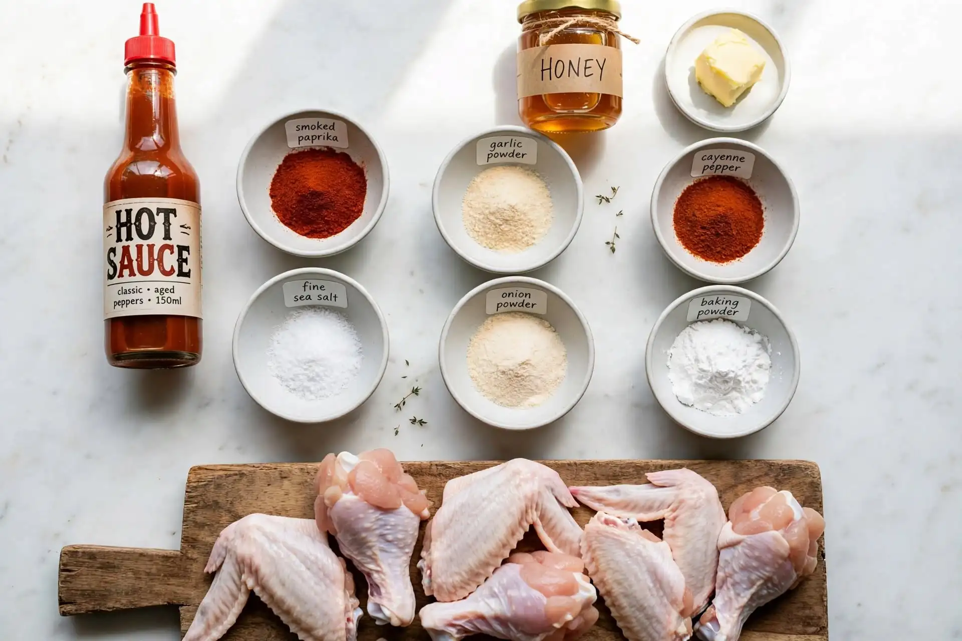 All ingredients for air fryer chicken wings laid out on a white marble surface — air fryer chicken wings ingredients