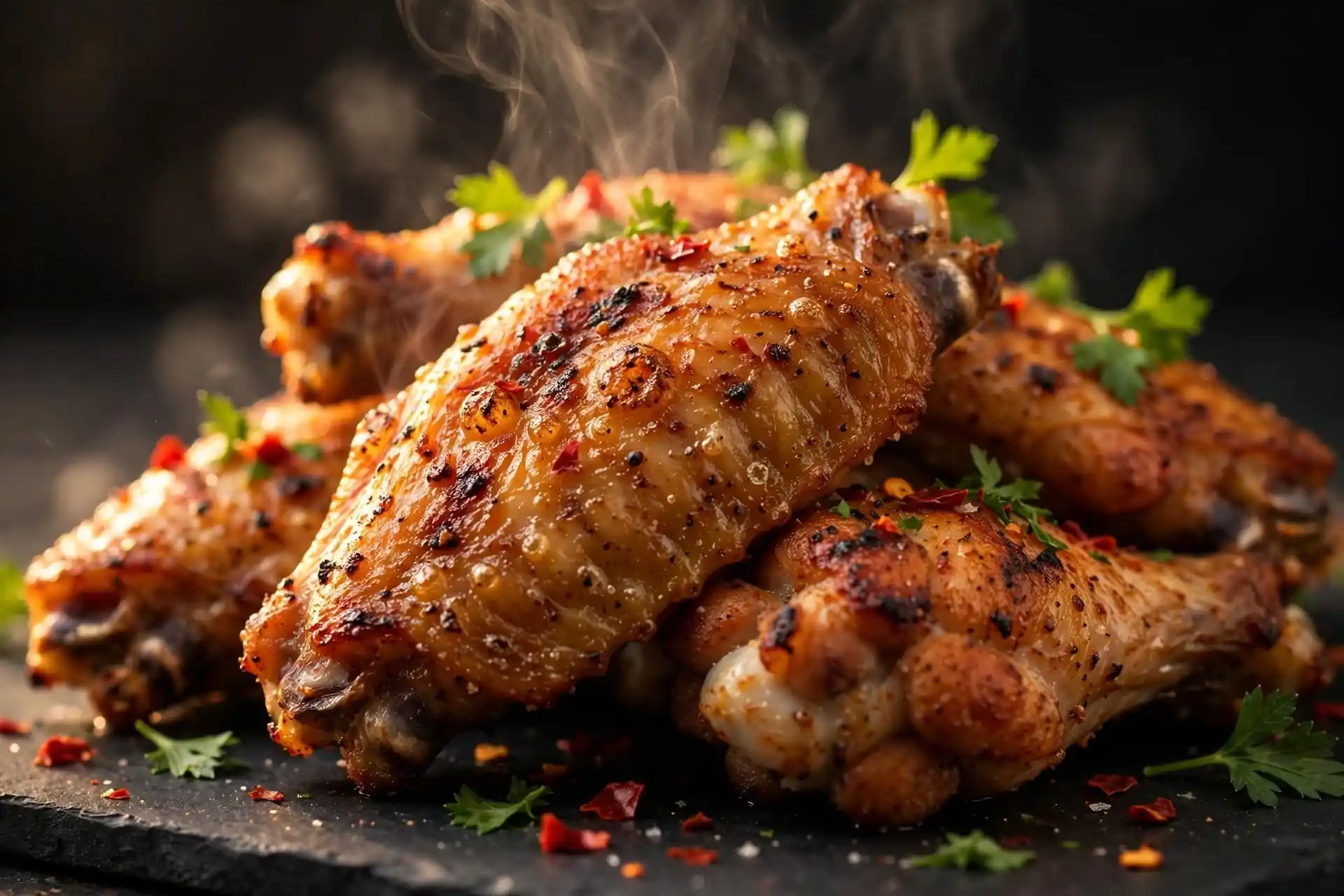 Close-up of crispy air fryer chicken wings showing deeply golden crackly skin — air fryer chicken wings