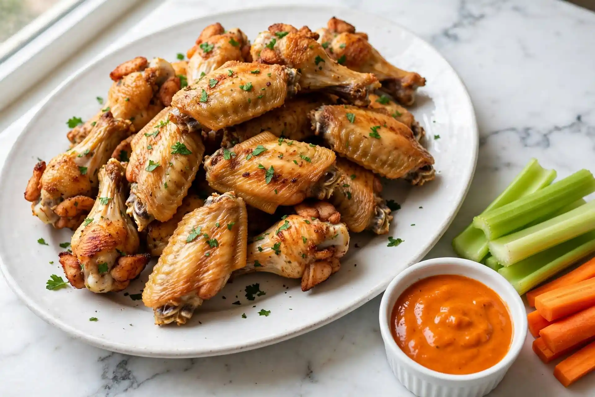 Air fryer chicken wings served on a white ceramic plate with celery sticks and dipping sauce — air fryer chicken wings