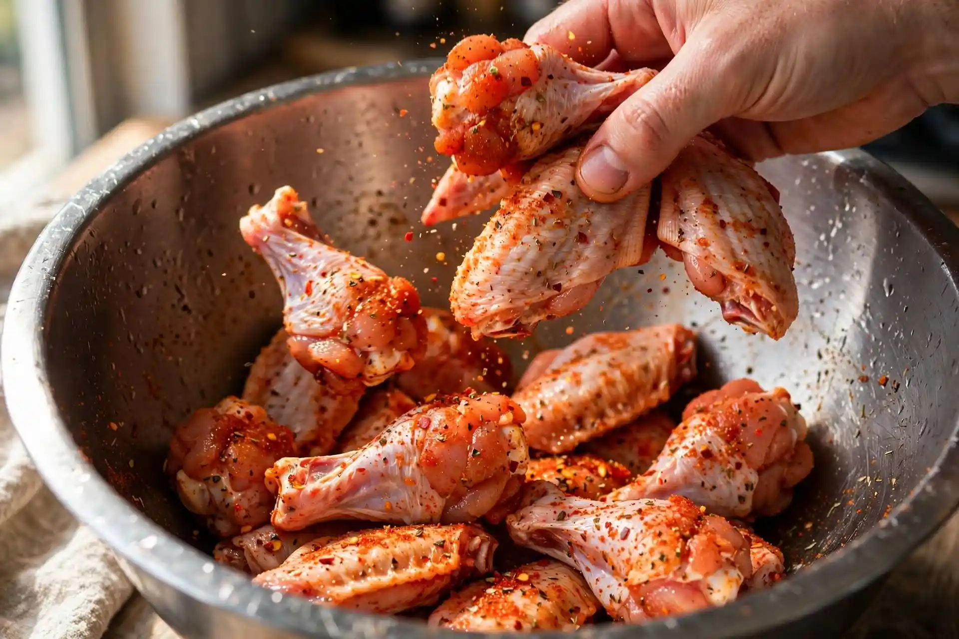 Chicken wings coated in dry rub seasoning being tossed in a bowl — early step in making air fryer chicken wings