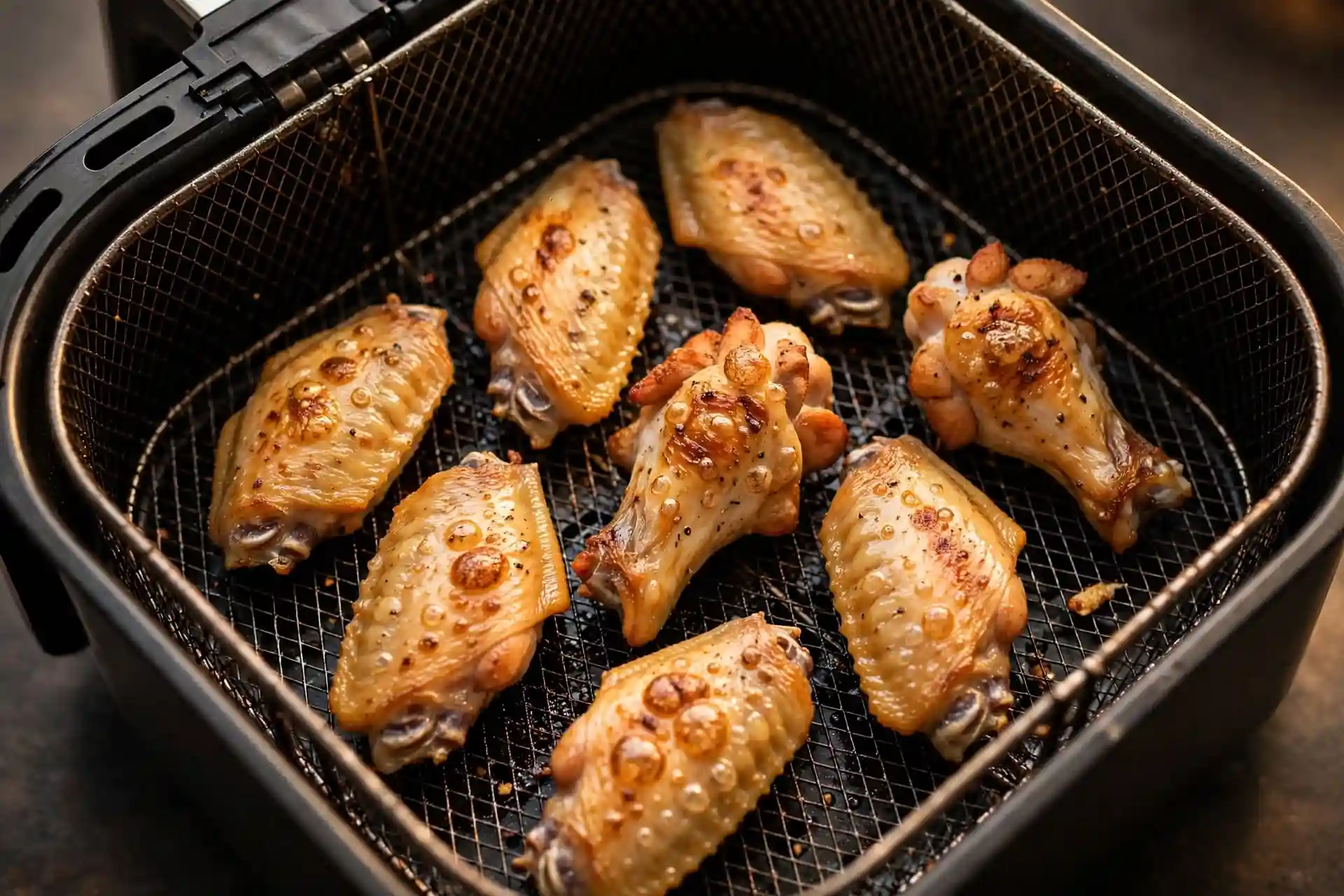 Chicken wings in an air fryer basket cooking at the midpoint — step in making air fryer chicken wings