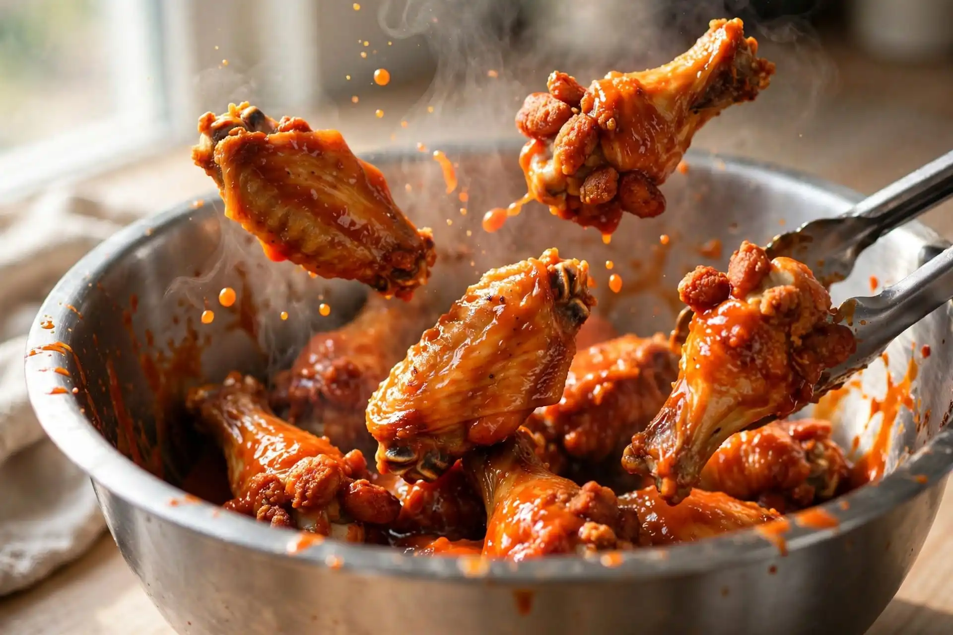Crispy wings being tossed in buffalo sauce in a large metal bowl — final step in making air fryer chicken wings