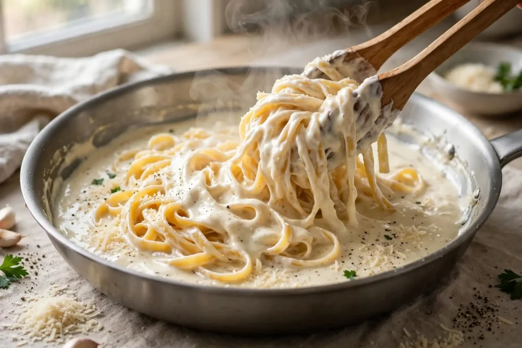 Fettuccine being tossed in alfredo sauce in a skillet — final step in alfredo sauce recipe