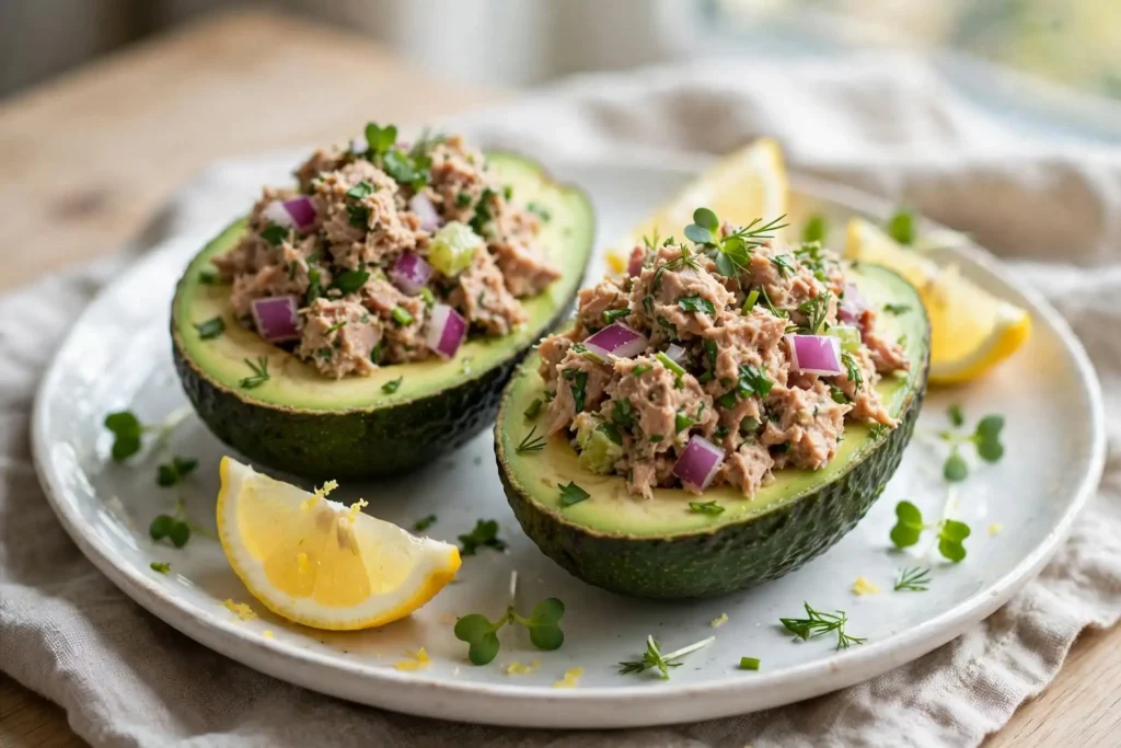Tuna salad stuffed avocado halves on a white plate with lemon wedges — no-cook high protein meal prep lunch