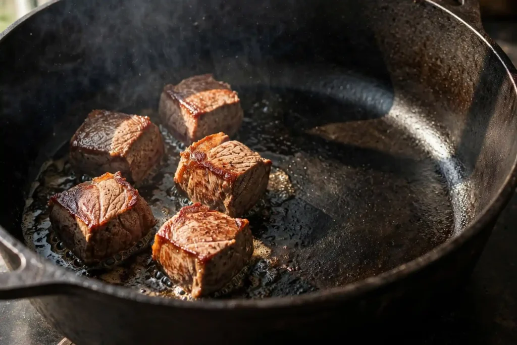 Beef chuck cubes forming a deep brown sear in a Dutch oven over high heat, with space between pieces — step in making beef stew recipe
