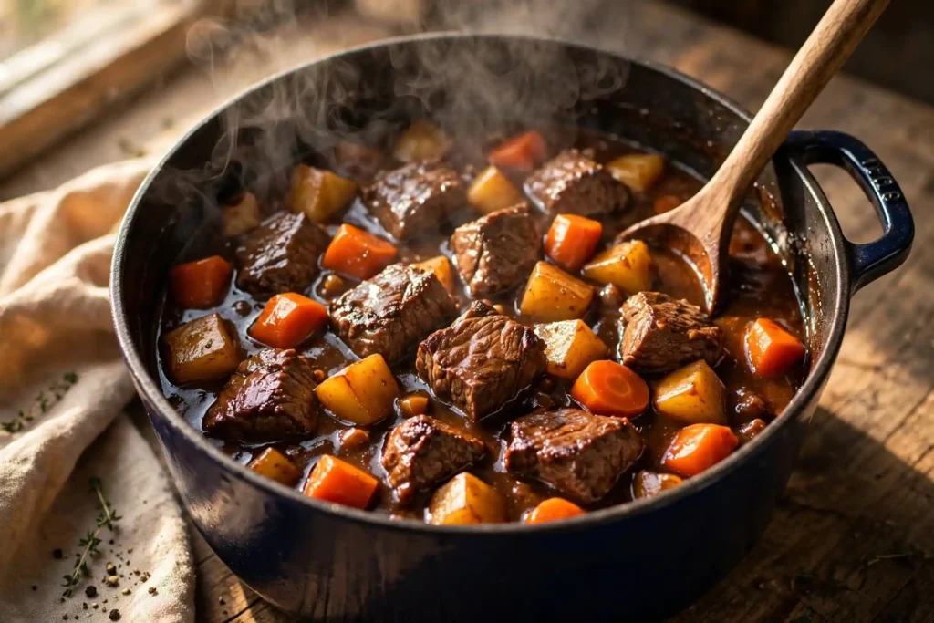 Finished beef stew in a Dutch oven with tender beef and vegetables in glossy dark gravy, ready to ladle — beef stew recipe