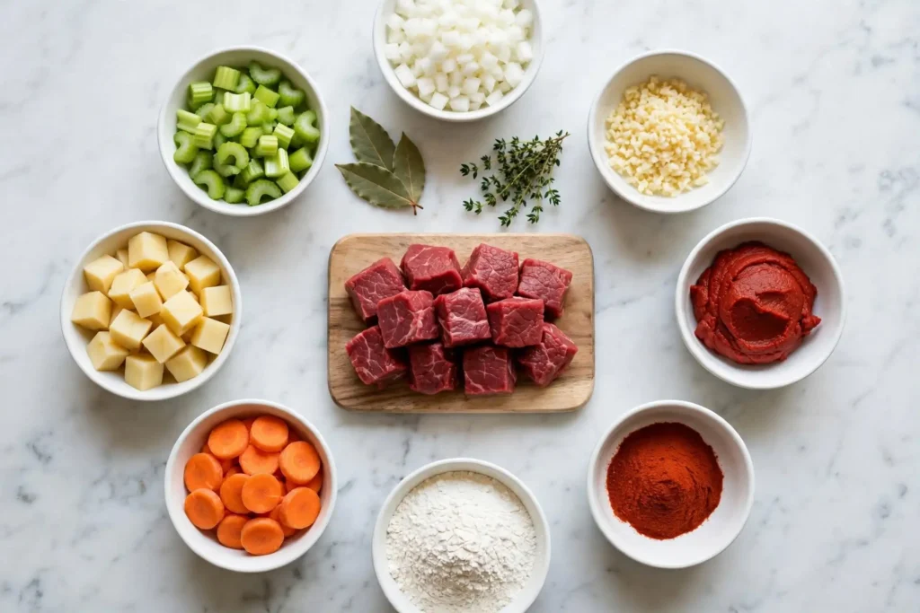 All ingredients for beef stew recipe laid out flat on white marble, including raw beef cubes, root vegetables, and spices in individual prep bowls — beef stew ingredients