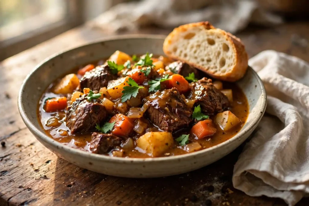 Classic beef stew served in a ceramic bowl with tender chunks of beef, carrots, and potatoes in dark glossy gravy, garnished with fresh parsley — beef stew recipe