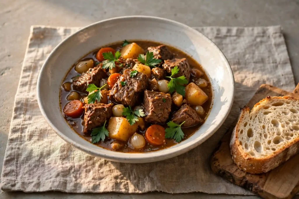 Beef stew recipe plated in a ceramic bowl with crusty sourdough bread alongside, garnished with flat-leaf parsley, ready to serve