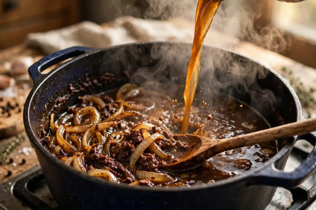 Beef stock added to deglaze a Dutch oven after cooking onions and tomato paste, lifting the fond from the base — step in making beef stew