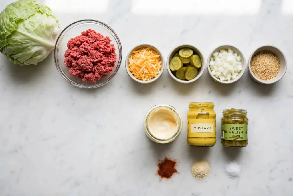 All ingredients for big mac salad laid out flat on white marble — big mac salad ingredients
