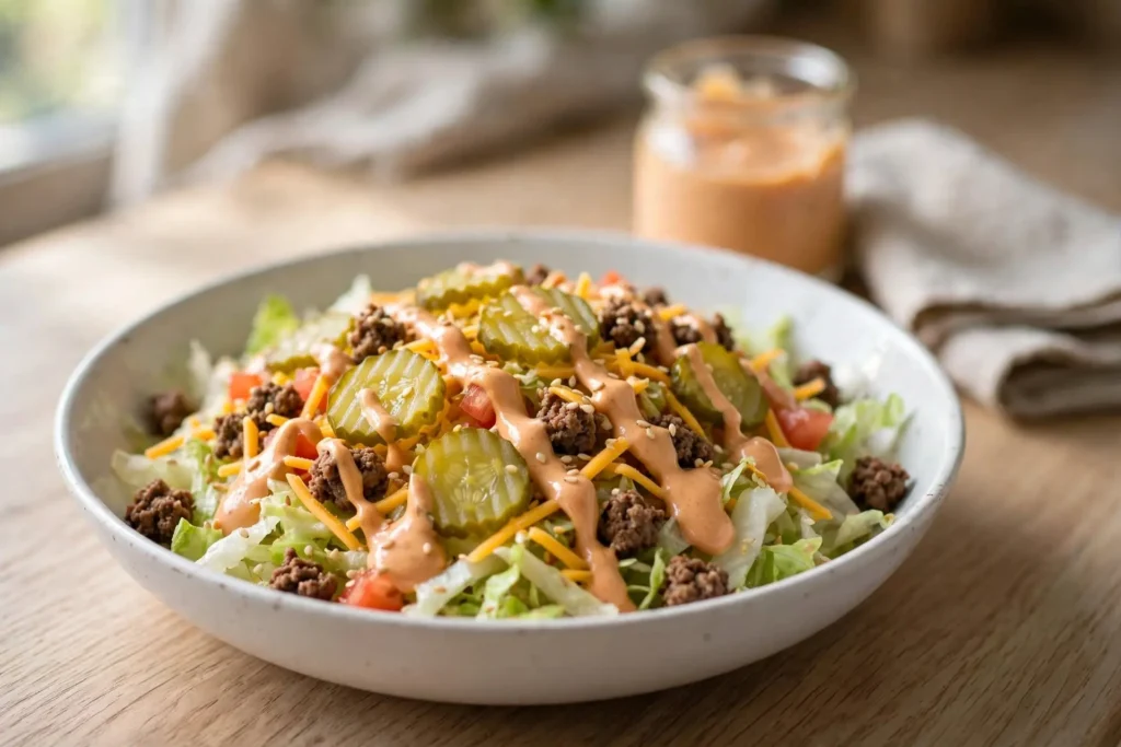 Big mac salad served in a white ceramic bowl on a wood surface, garnished with special sauce, pickles, and sesame seeds — big mac salad