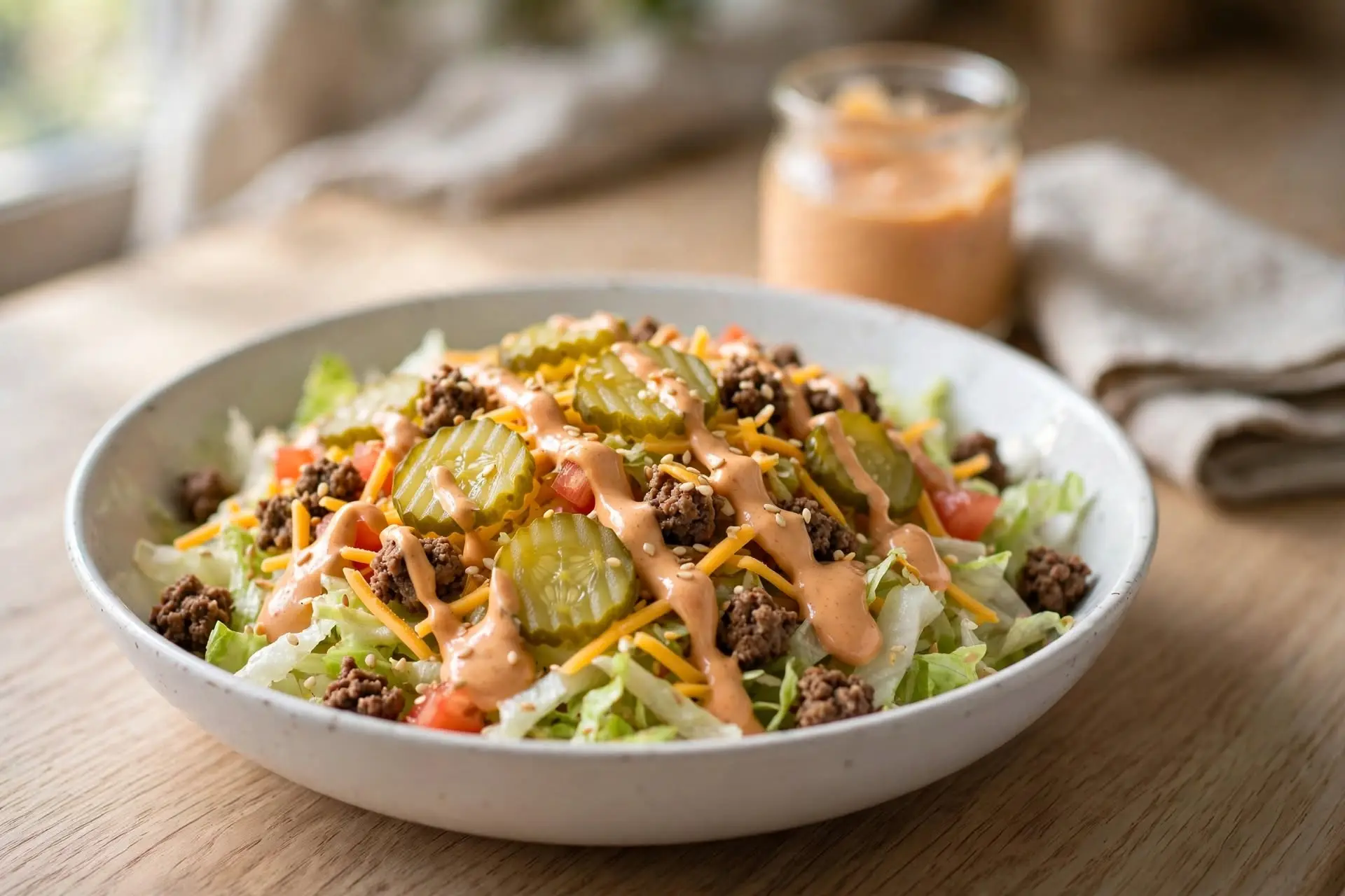 Big mac salad served in a white ceramic bowl on a wood surface, garnished with special sauce, pickles, and sesame seeds — big mac salad