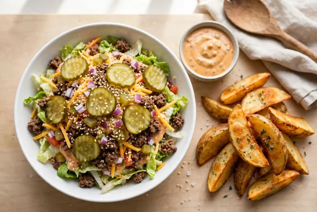 Big mac salad plated with potato wedges and extra special sauce on the side, ready to serve — big mac salad