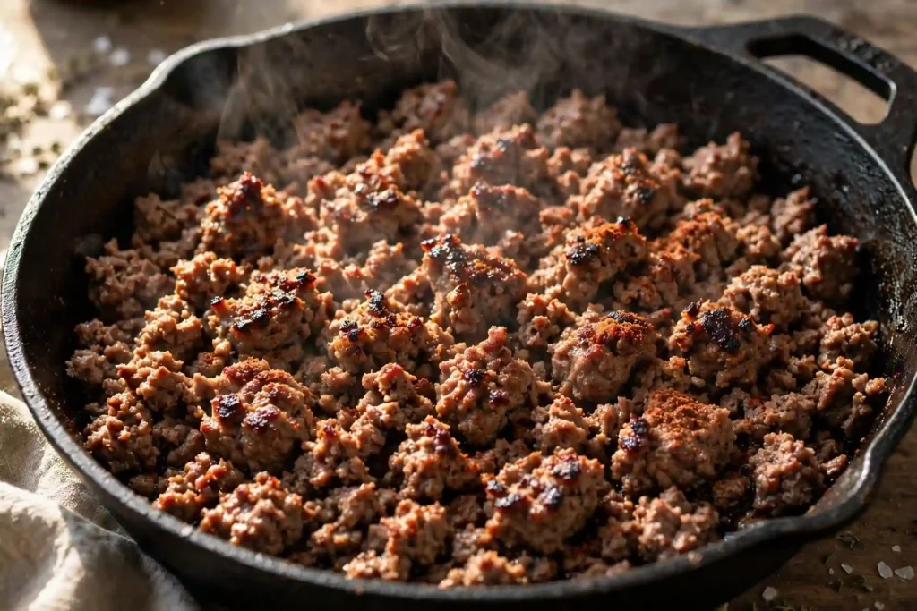 Seasoned ground beef cooking in a cast-iron skillet with caramelized edges forming — step in making big mac salad