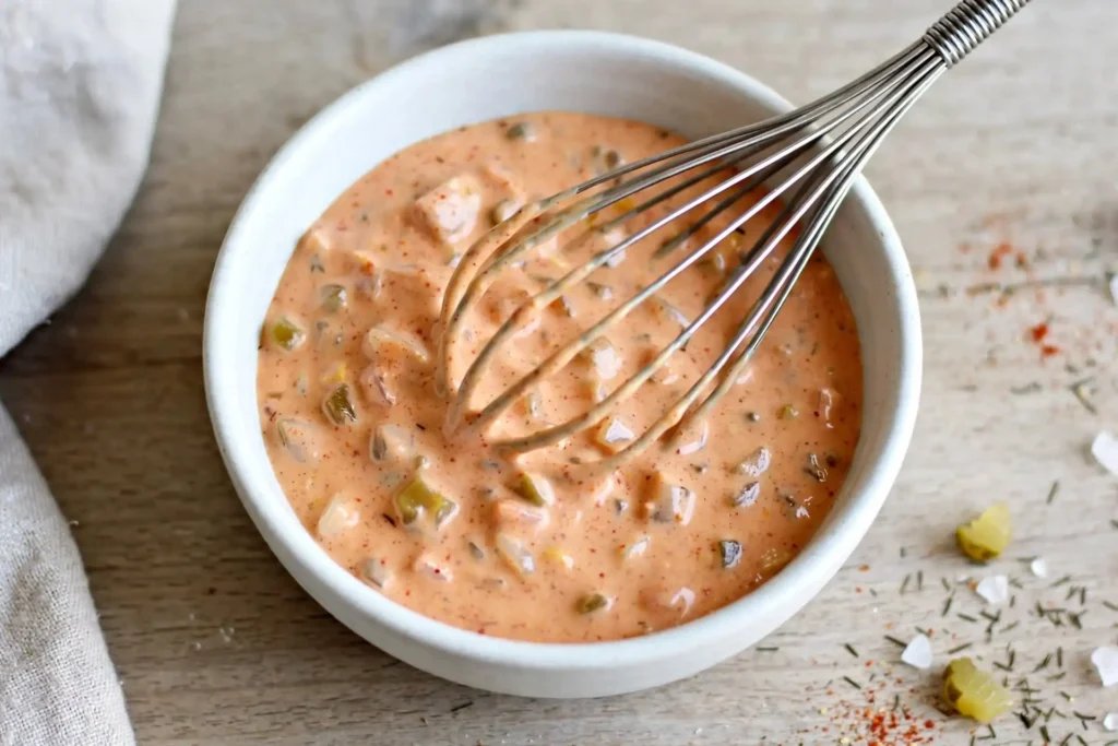 Homemade Big Mac special sauce being whisked in a white bowl — step in making big mac salad