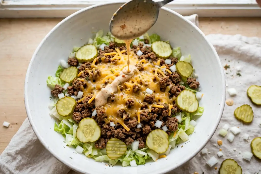 Big mac salad being assembled in a white bowl with beef, cheese, pickles, and special sauce drizzle — final assembly step in making big mac salad