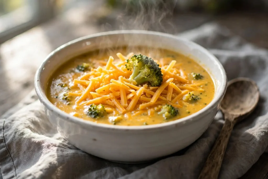 Broccoli cheddar soup in a white ceramic bowl topped with shredded cheddar and a broccoli floret, natural window light — broccoli cheddar soup