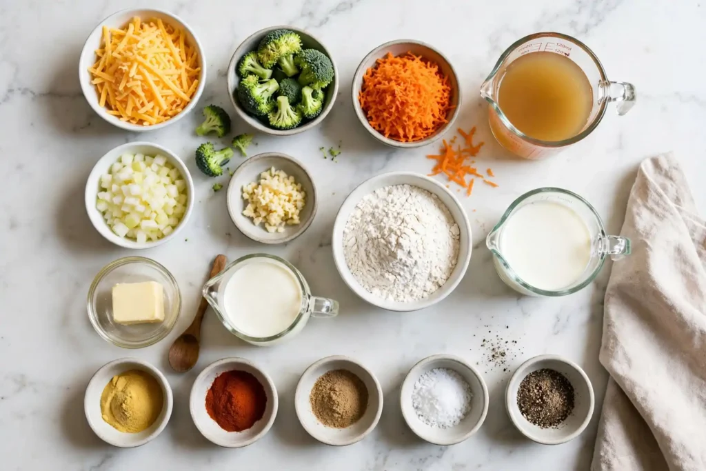 All ingredients for broccoli cheddar soup laid out flat on white marble — broccoli cheddar soup ingredients