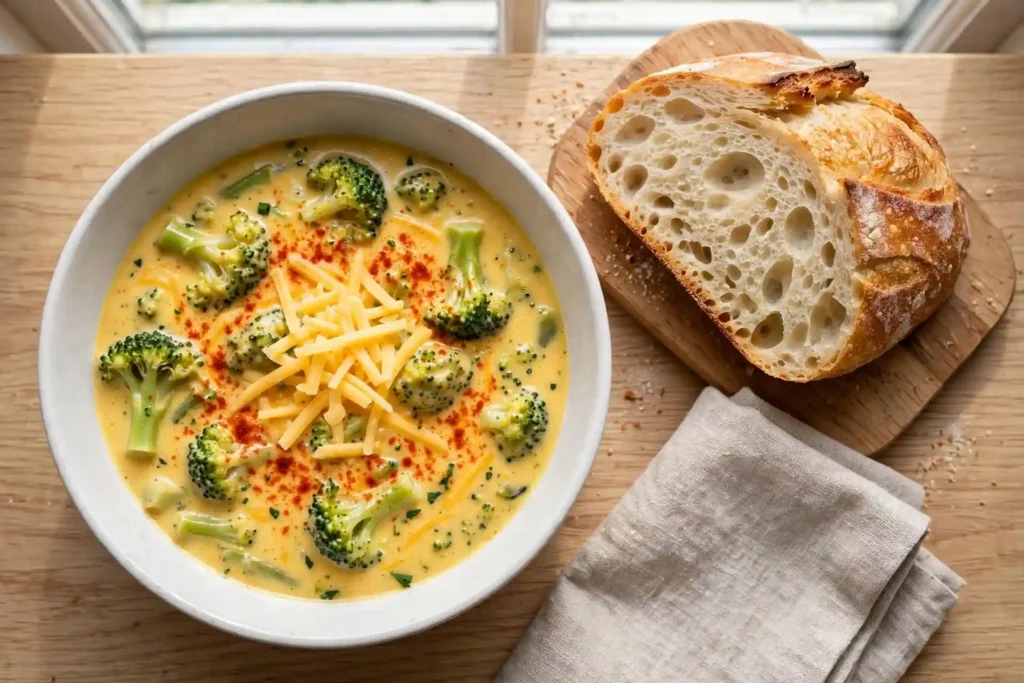 Broccoli cheddar soup in a white ceramic bowl with crusty sourdough bread on a wooden board — broccoli cheddar soup