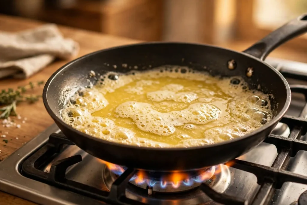 Butter melting and foaming in a non-stick skillet over medium heat — step in making protein pancakes