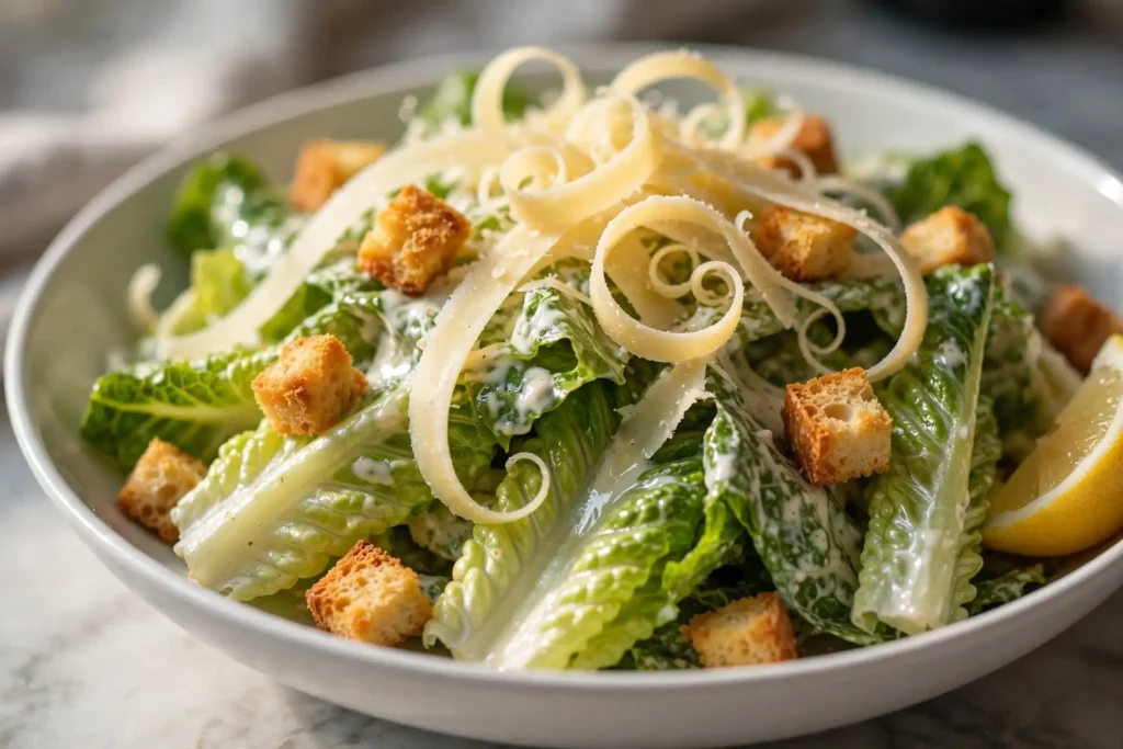 Caesar salad in a white bowl served alongside garlic bread on a wooden board, ready to eat — caesar salad with sides