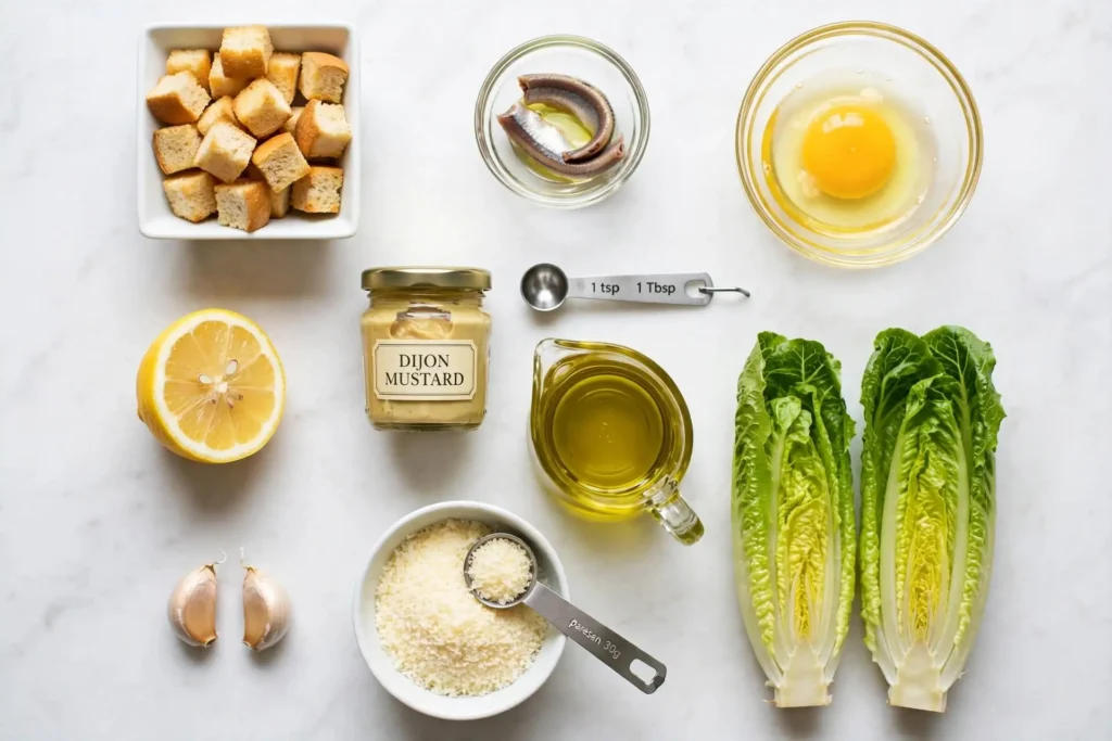 All ingredients for caesar salad laid out flat on white marble including romaine, anchovies, parmesan, and lemon — caesar salad ingredients
