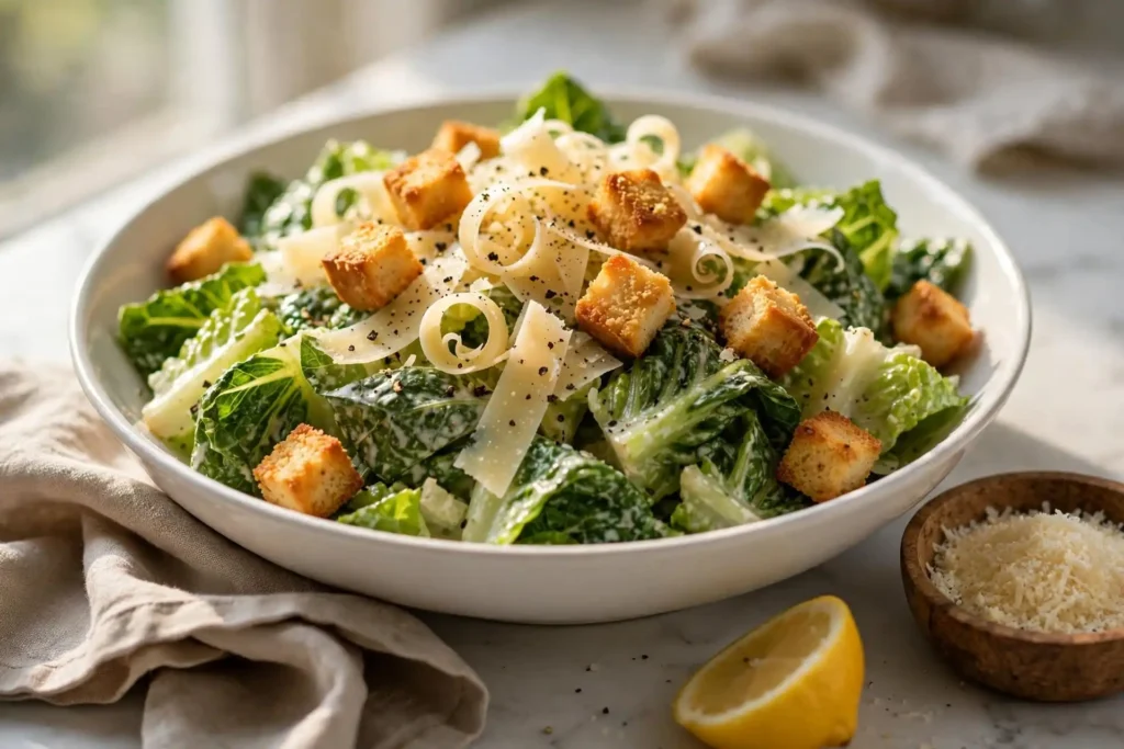 Classic caesar salad served in a white ceramic bowl on marble, topped with shaved parmesan and golden croutons, natural window light — caesar salad