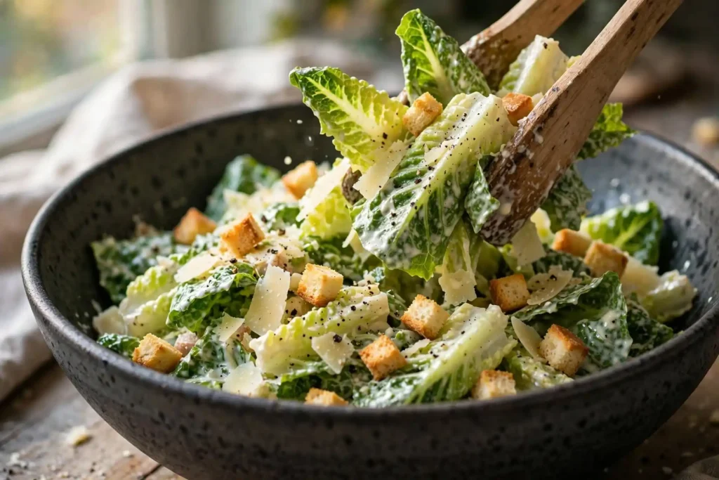 Caesar salad being tossed with dressing, croutons, and parmesan in a large bowl — final assembly step