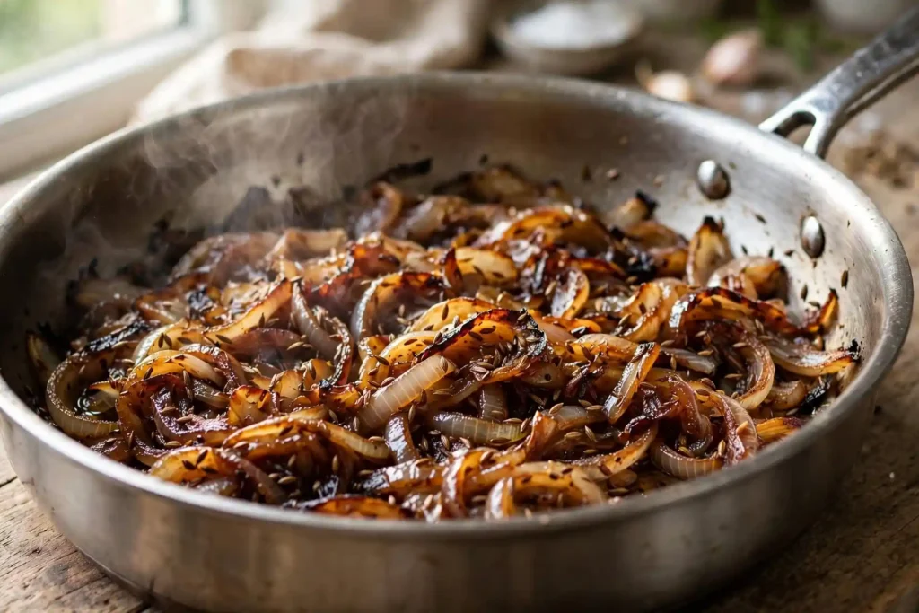 Caramelized onions and cumin seeds cooking in a heavy pan — step in making chicken curry
