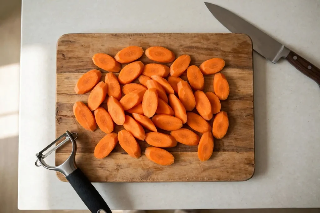 Peeled carrots sliced into even diagonal pieces on a wooden cutting board — step in making roasted carrots
