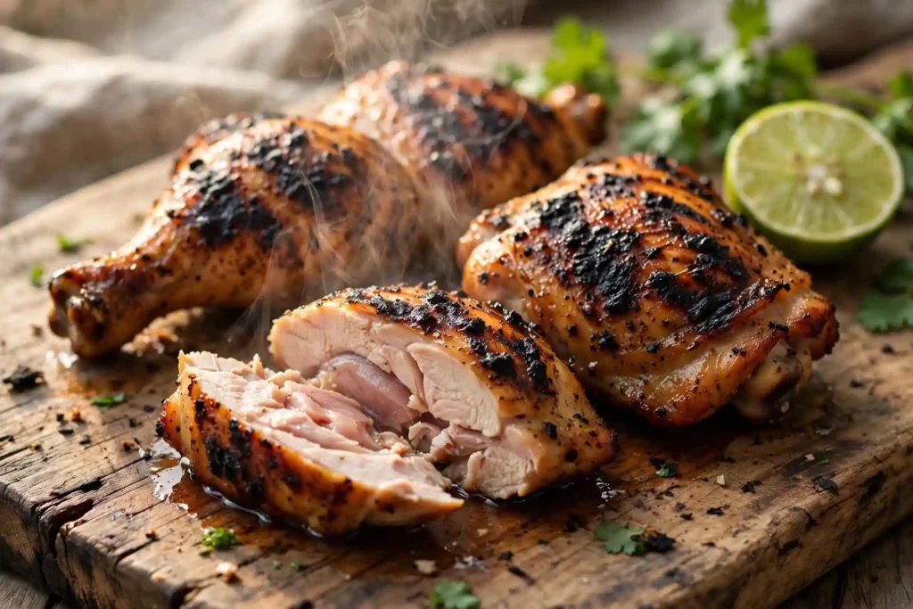 Rested chicken thighs sliced on cutting board showing juicy interior — key step in chicken tacos recipe