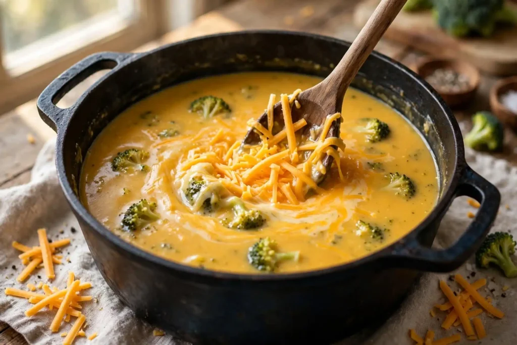 Shredded cheddar being stirred into broccoli soup off the heat — final step in making broccoli cheddar soup