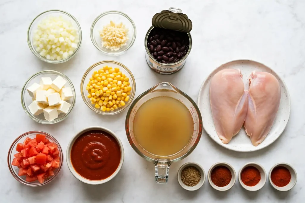 All ingredients for chicken enchilada soup laid out on white marble, including cream cheese, spices, canned beans, and raw chicken — chicken enchilada soup ingredients