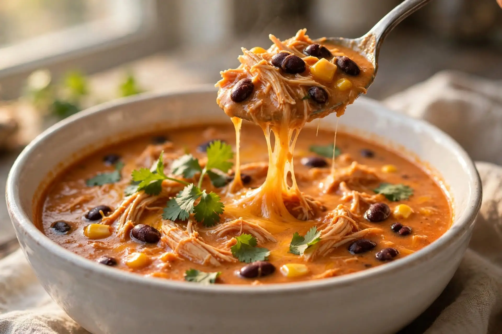 Close-up of chicken enchilada soup showing creamy broth and shredded chicken on a lifted spoon — chicken enchilada soup