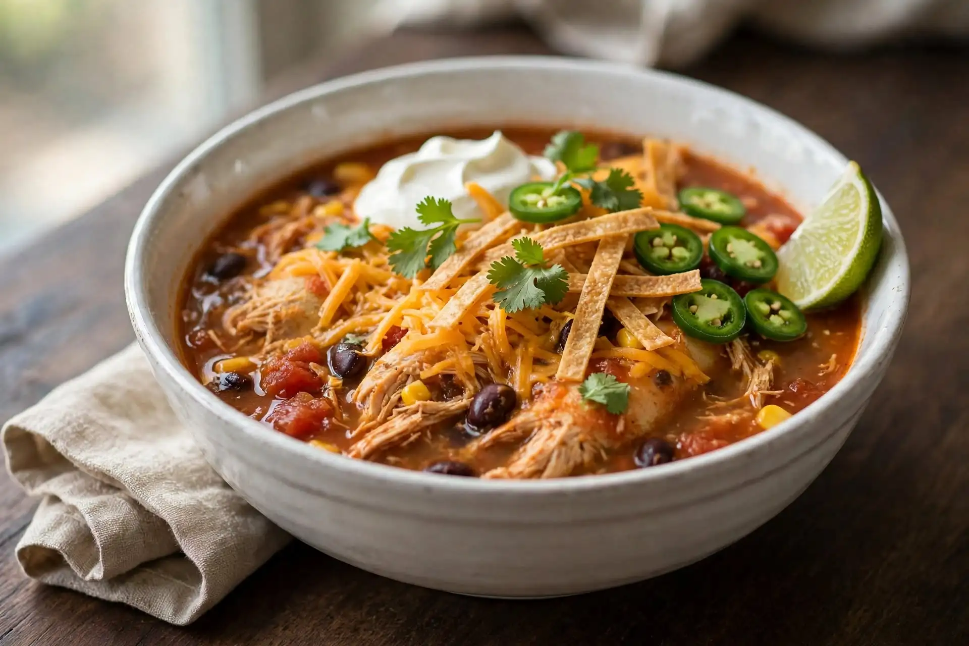 Chicken enchilada soup served in a white ceramic bowl on dark wood, topped with cheddar, sour cream, and tortilla strips, natural window light — chicken enchilada soup