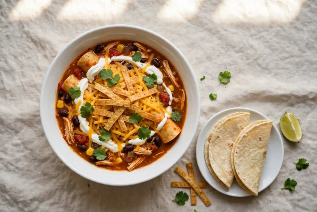 Chicken enchilada soup in a white bowl with warm tortillas and lime on a linen surface, ready to serve — chicken enchilada soup