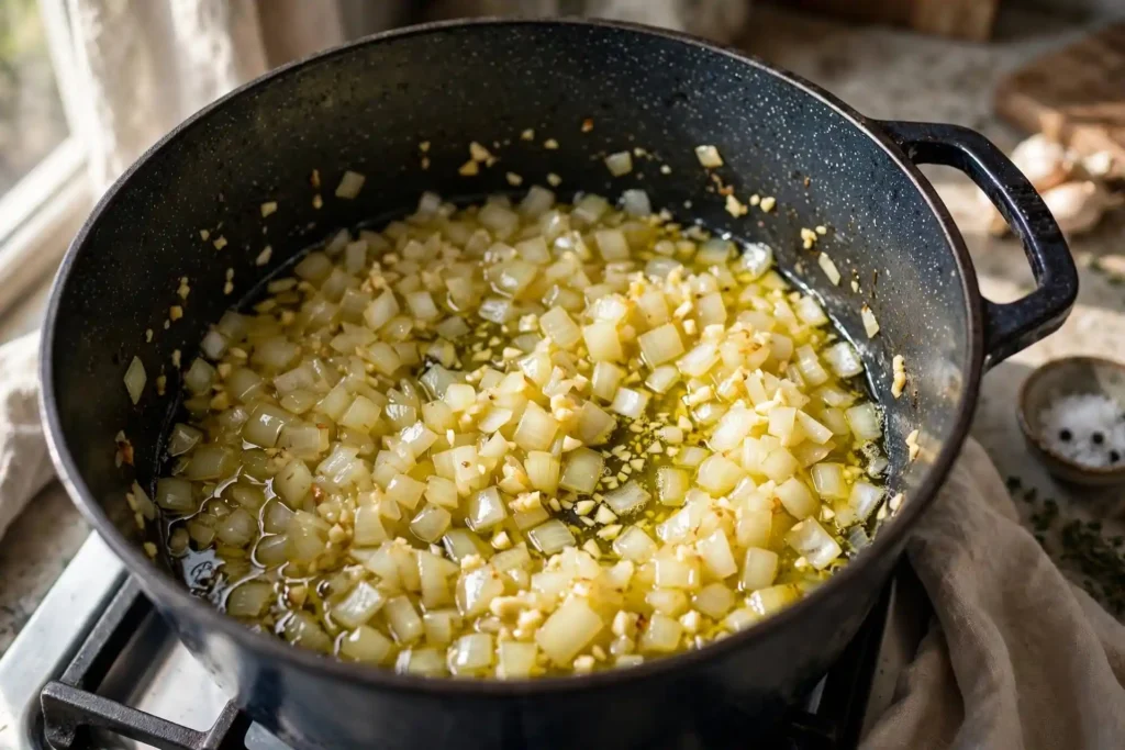 Diced onion and garlic softening in olive oil in a Dutch oven — early step in making chicken enchilada soup