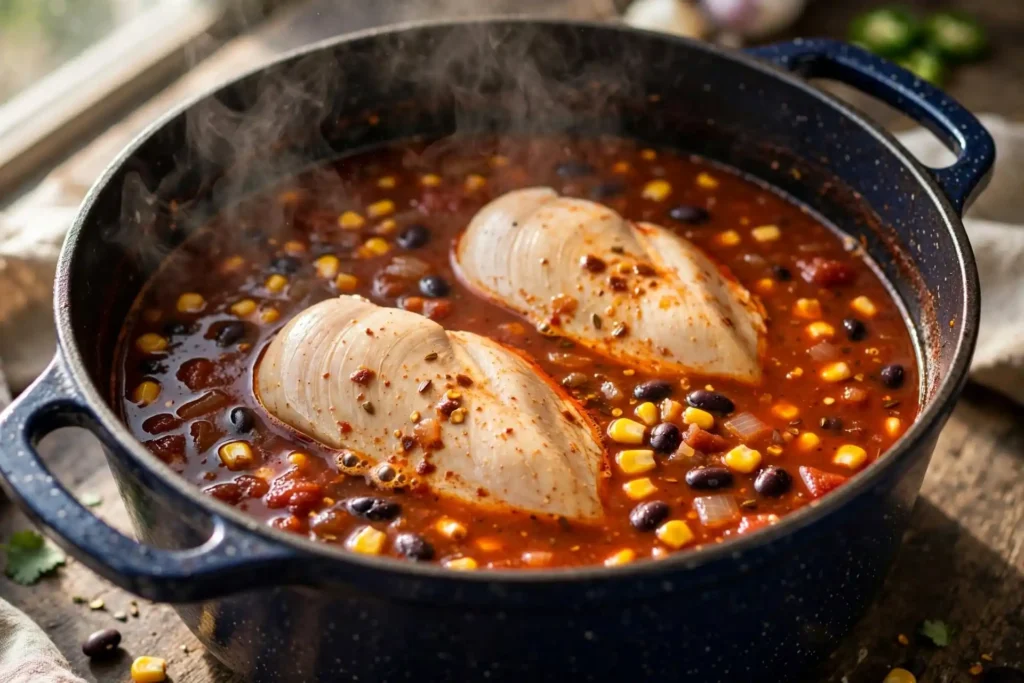 Whole chicken breasts simmering in enchilada soup broth with black beans and corn — midpoint step in making chicken enchilada soup