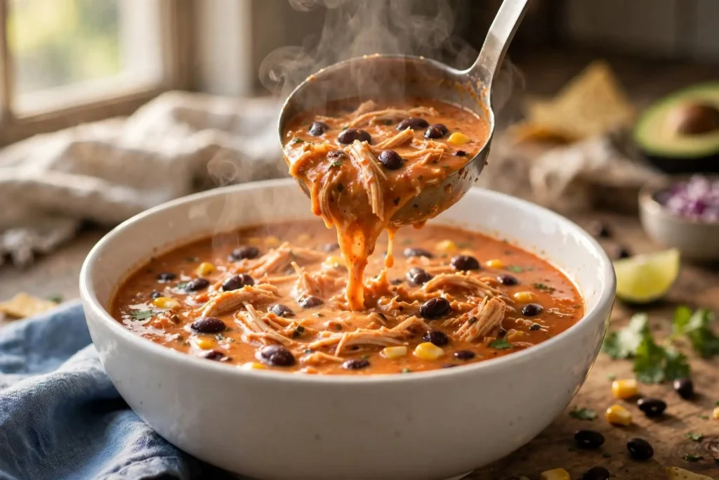 Chicken enchilada soup being ladled into a bowl showing creamy broth and shredded chicken — final step