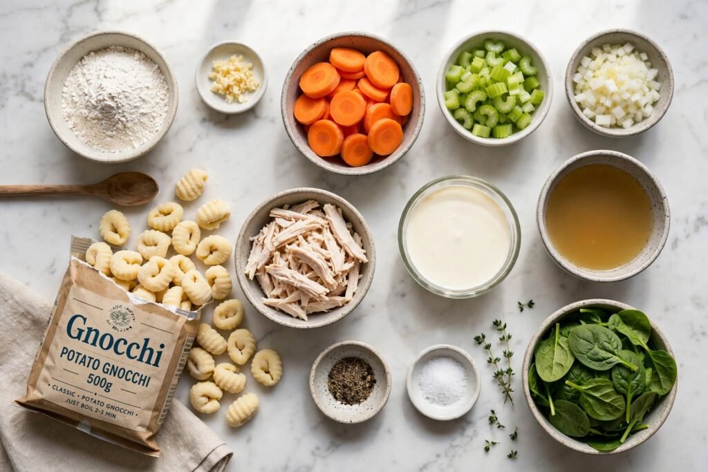 All ingredients for chicken gnocchi soup laid out on a white marble surface in prep bowls — chicken gnocchi soup ingredients