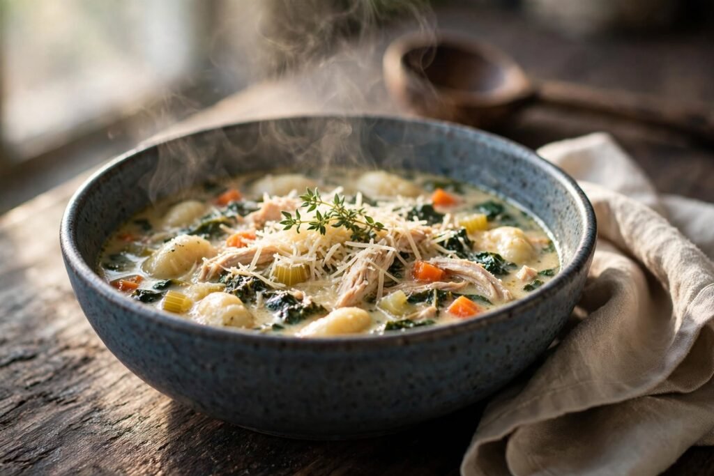 A bowl of chicken gnocchi soup garnished with parmesan and thyme on a wood surface, natural light — chicken gnocchi soup