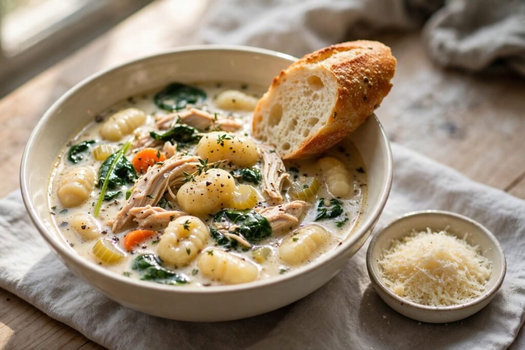 Chicken gnocchi soup in a ceramic bowl served with crusty bread and parmesan, natural light — chicken gnocchi soup