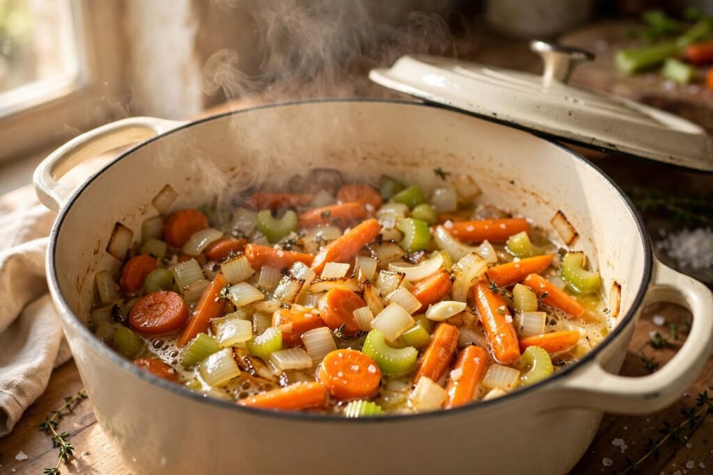 Diced onion, carrots, and celery softening in a Dutch oven with butter — step in making chicken gnocchi soup