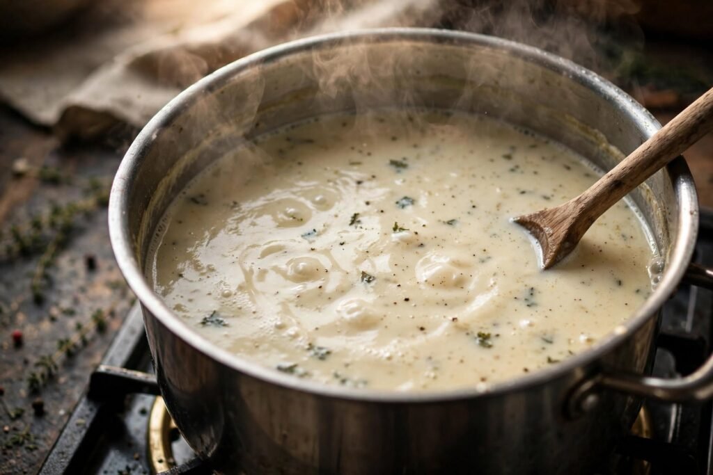 Creamy soup broth simmering in a large pot, thickening from the roux — midpoint step in making chicken gnocchi soup