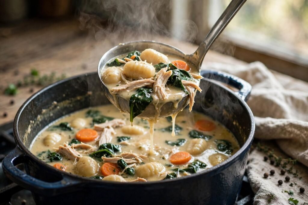 A ladle of chicken gnocchi soup with visible gnocchi, chicken, and spinach in creamy broth — final step