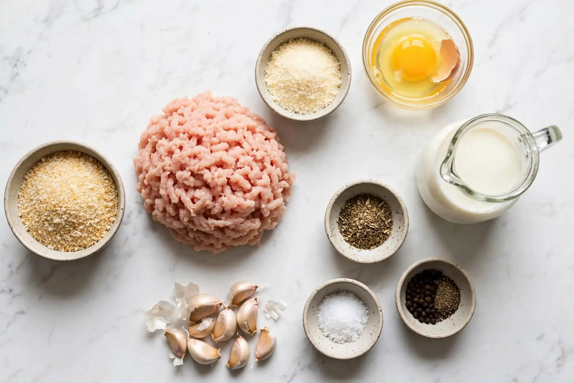 All ingredients for chicken meatballs laid out flat on white marble, including ground chicken, breadcrumbs, Parmesan, egg, garlic, and herbs — chicken meatballs ingredients