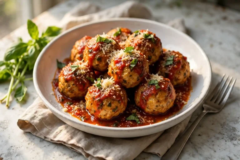 Chicken meatballs in tomato sauce served in a white ceramic bowl, garnished with Parmesan and fresh basil on a marble surface — chicken meatballs recipe