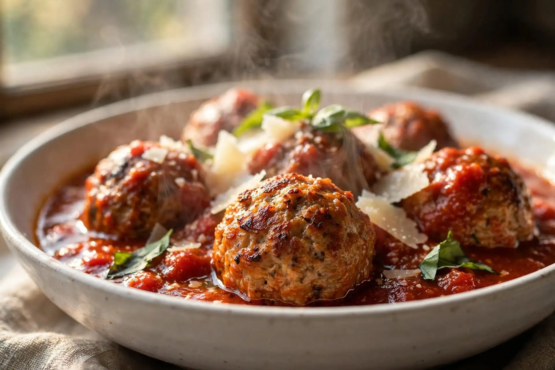 Close-up of chicken meatballs showing seared golden exterior and glossy tomato sauce, garnished with Parmesan — chicken meatballs recipe