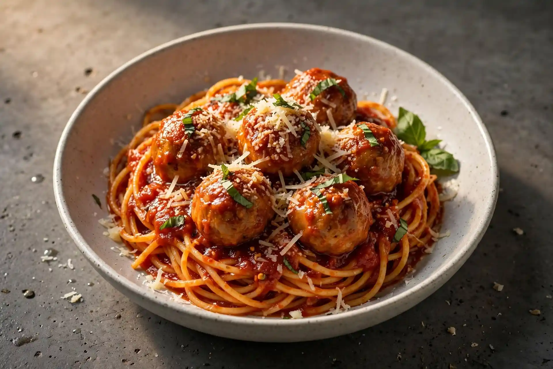 Chicken meatballs with tomato sauce served over spaghetti in a wide bowl, garnished with Parmesan and basil — chicken meatballs recipe